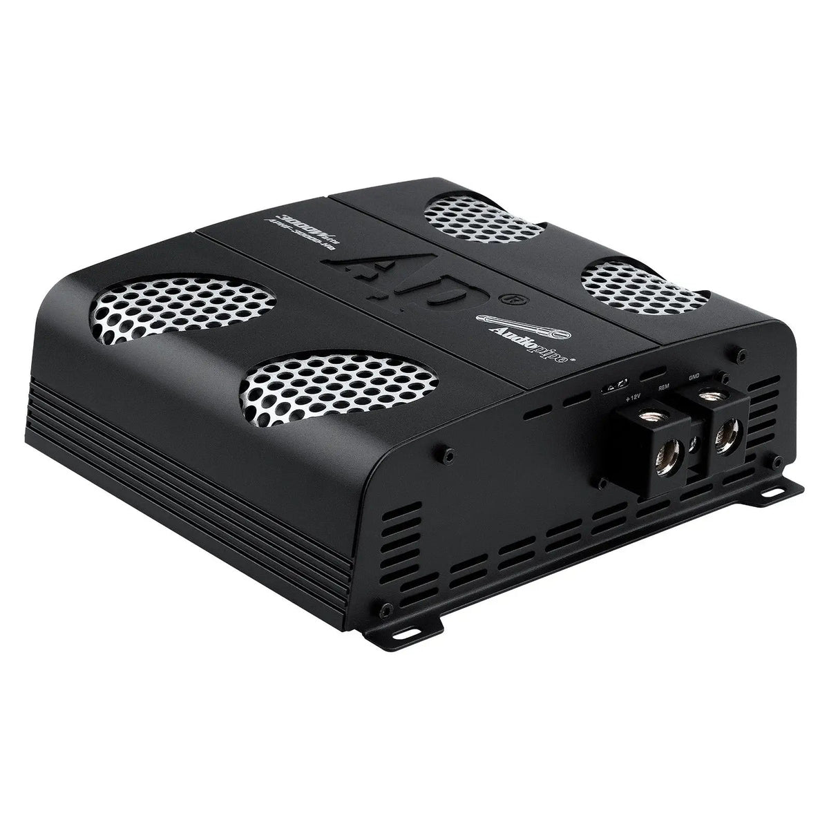 Black Audiopipe amplifier rear angle showing power terminals and silver mesh vents