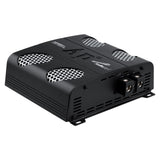Black Audiopipe amplifier rear angle showing power terminals and silver mesh vents