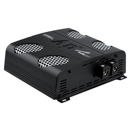 Black Audiopipe amplifier rear angle showing power terminals and silver mesh vents