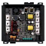 Open amplifier showing its circuit board, two yellow transformers and cooling fan