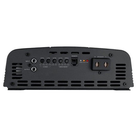 Amplifier signal panel with RCA inputs, adjustment controls, remote socket and speaker terminals