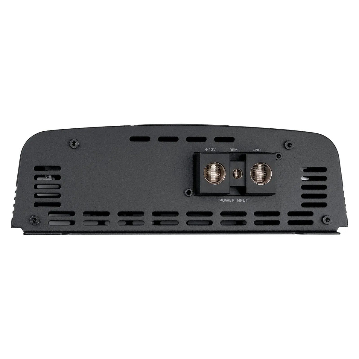 Audiopipe amplifier power connection panel showing three terminals and ventilation slots