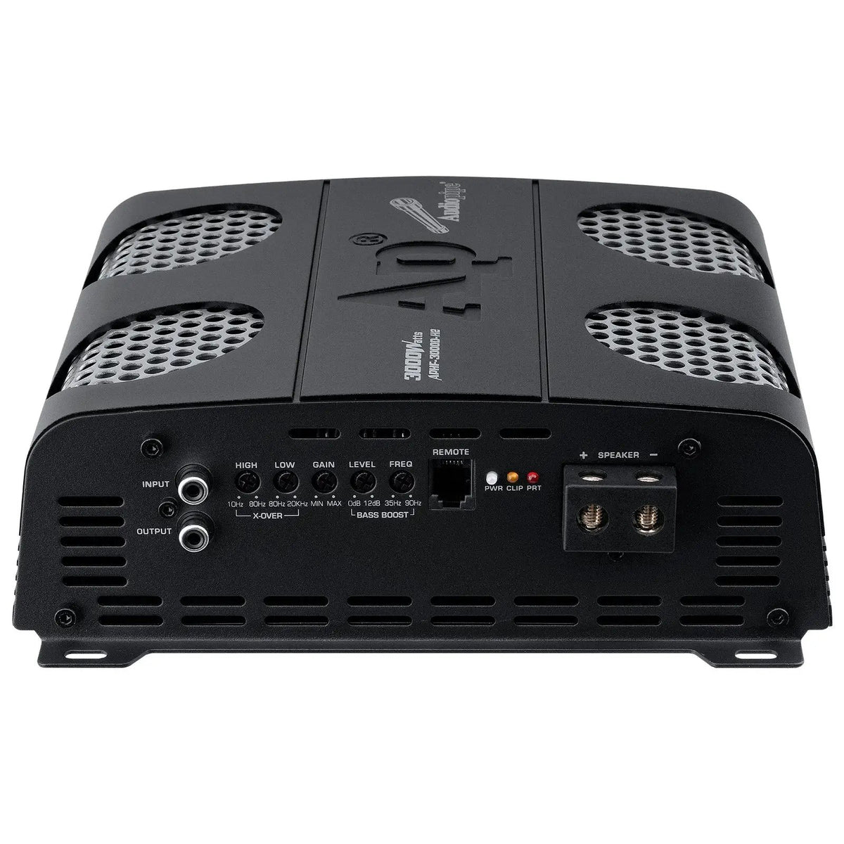 Angled view of amplifier showing its signal controls and silver mesh ventilation grilles