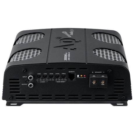 Angled view of amplifier showing its signal controls and silver mesh ventilation grilles