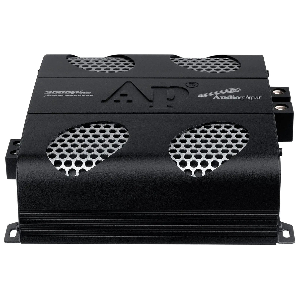 Black Audiopipe amplifier top angle showing four silver mesh vents and the embossed AP logo
