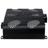 Black Audiopipe amplifier top angle showing four silver mesh vents and the embossed AP logo