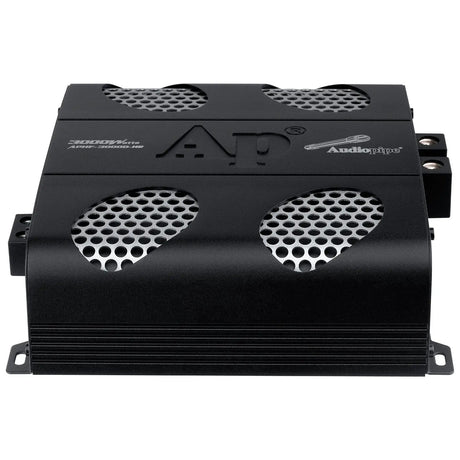 Black Audiopipe amplifier top angle showing four silver mesh vents and the embossed AP logo