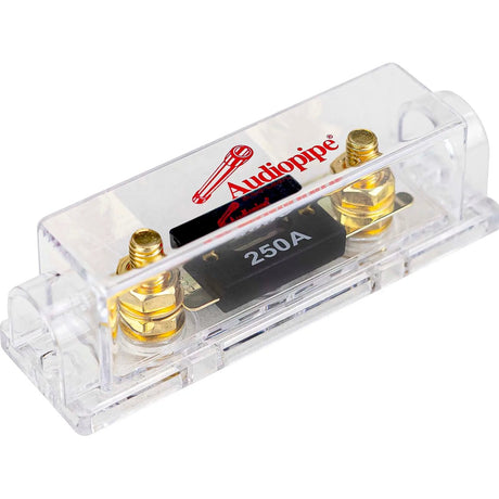 Clear Audiopipe fuse holder with gold-colored terminals and a fuse marked 250A