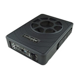 Angled view of a low-profile Audiopipe amplified subwoofer with top grille and end-panel controls