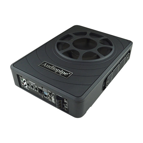 Angled view of a low-profile Audiopipe amplified subwoofer with top grille and end-panel controls