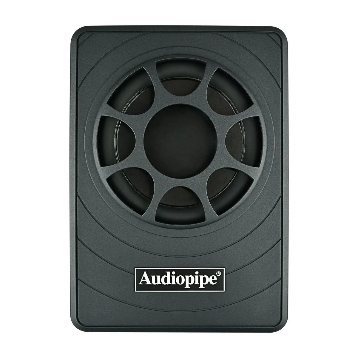 Audiopipe low-profile subwoofer enclosure with a protective grille, top view