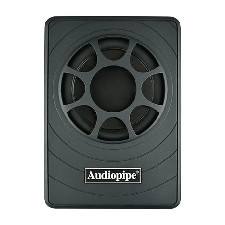 Audiopipe low-profile subwoofer enclosure with a protective grille, top view