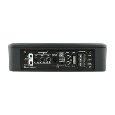 Audiopipe powered subwoofer panel with phase, low-pass, bass boost and gain controls, RCA and high-level inputs, fuse and power terminals