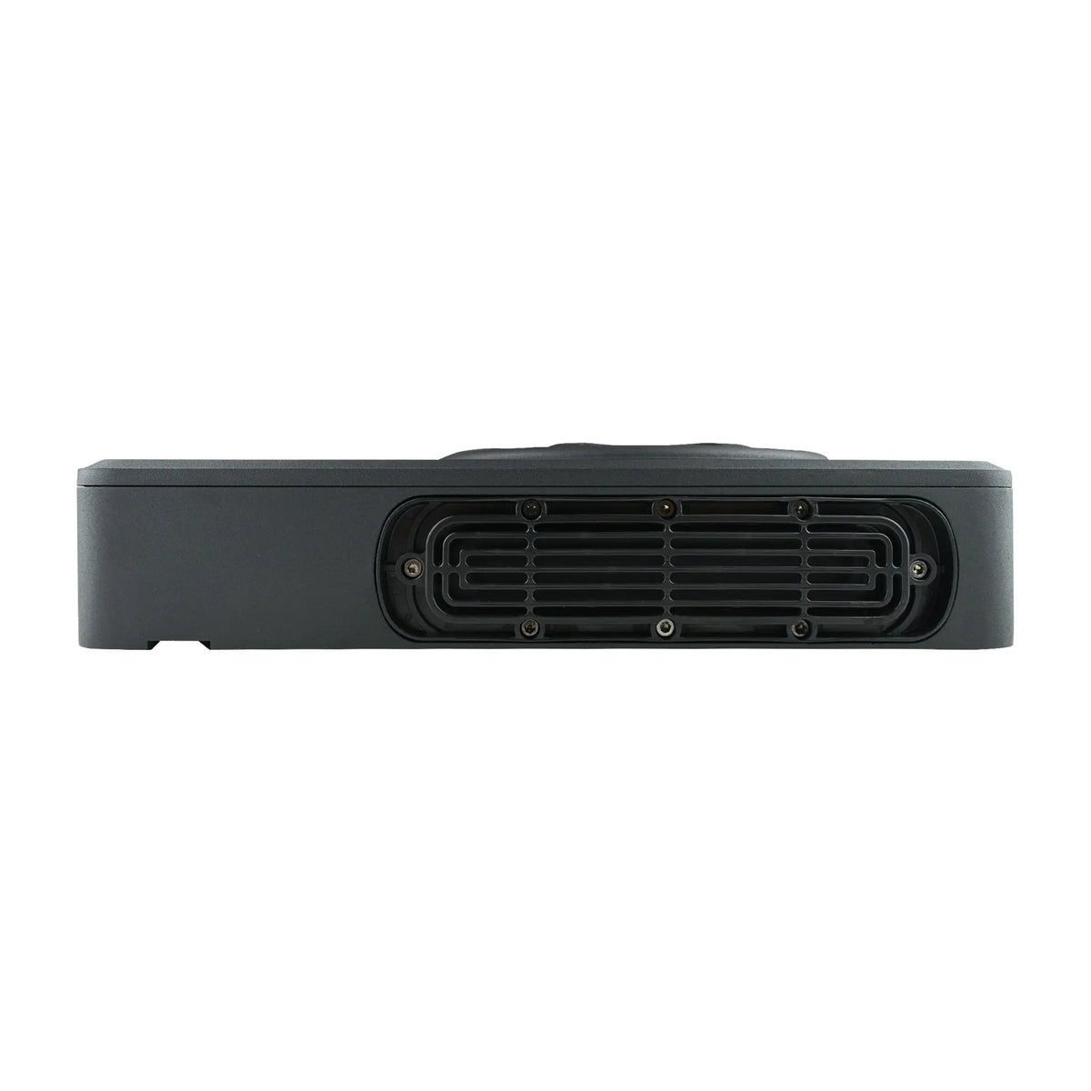 Side of the Audiopipe low-profile powered subwoofer showing cooling fins and ventilation slots