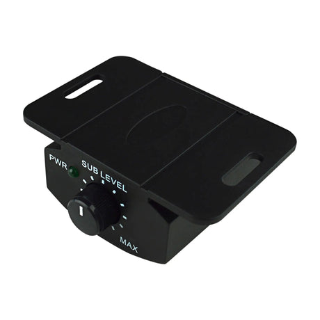 Subwoofer level-control knob and mounting bracket viewed from the opposite corner