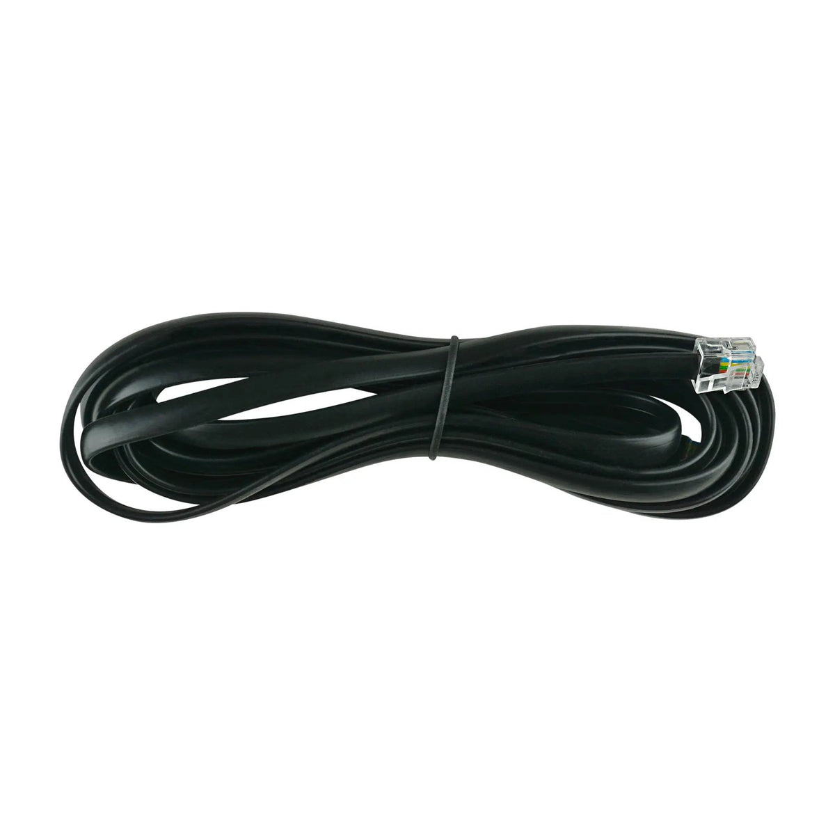 Coiled black subwoofer remote-control cable with a clear modular plug
