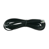 Coiled black subwoofer remote-control cable with a clear modular plug