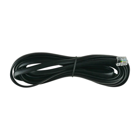 Coiled black subwoofer remote-control cable with a clear modular plug