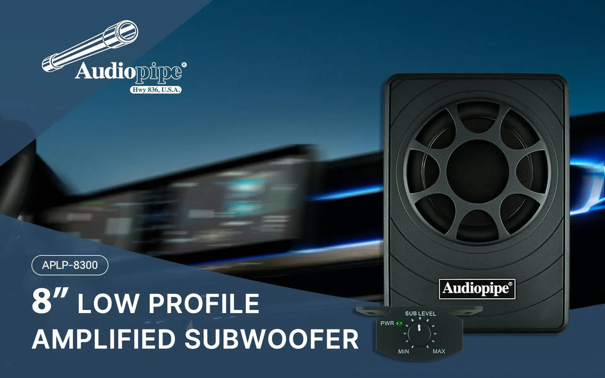 Audiopipe APLP-8300 promotional graphic showing an 8-inch low-profile amplified subwoofer and remote level control