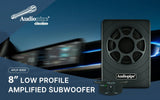Audiopipe APLP-8300 promotional graphic showing an 8-inch low-profile amplified subwoofer and remote level control