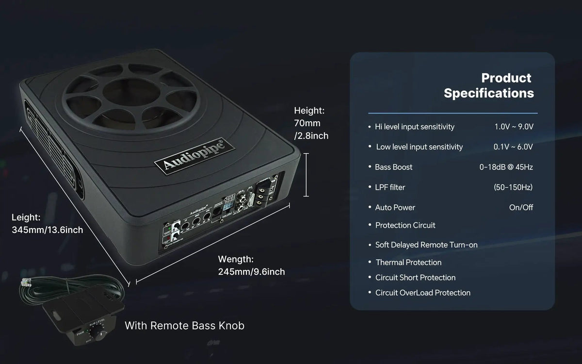 Audiopipe APLP-8300 powered subwoofer dimensions: 13.6 by 9.6 by 2.8 inches, shown with its wired remote bass knob