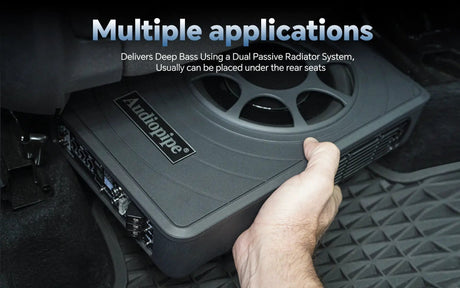Graphic showing a low-profile Audiopipe subwoofer beneath a vehicle seat and describing its dual passive radiator system
