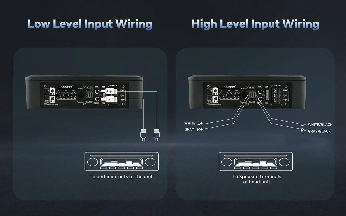 Amplified subwoofer wiring diagram comparing low-level RCA inputs with high-level speaker-wire inputs