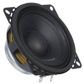 Angled front view of a small black Audiopipe speaker with slotted mounting tabs and two spade terminals
