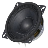 Opposite angled view of a small black Audiopipe speaker with a domed dust cap and slotted mounting tabs