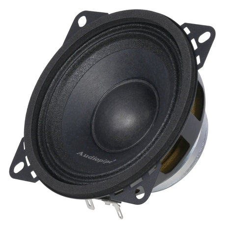 Opposite angled view of a small black Audiopipe speaker with a domed dust cap and slotted mounting tabs