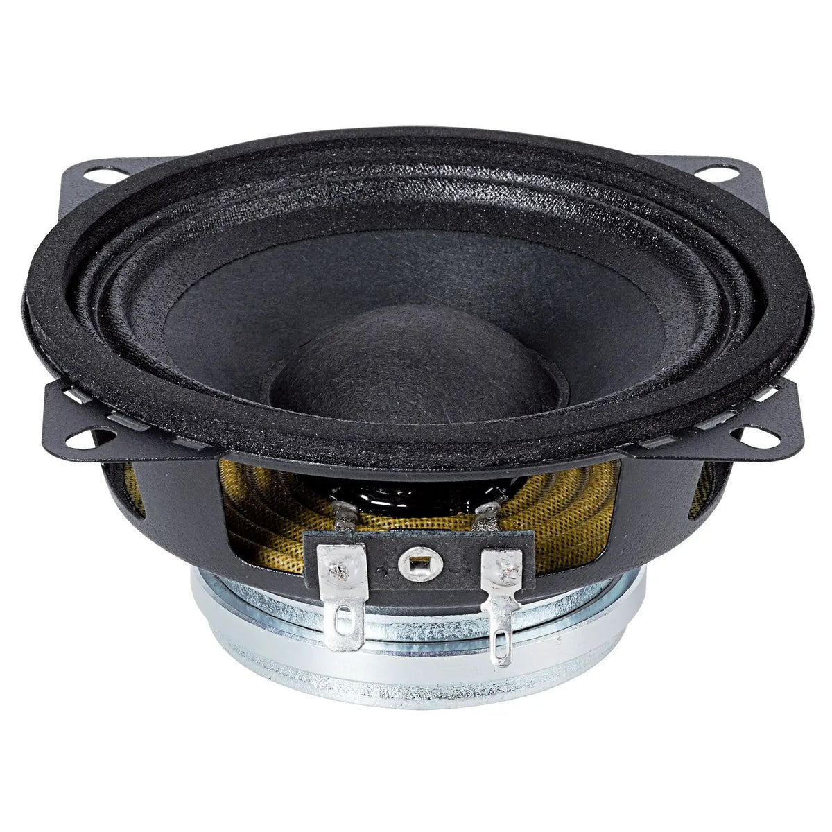 Low angled view of a small black speaker showing its cone, gold-colored suspension and two spade terminals