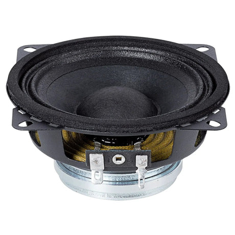 Low angled view of a small black speaker showing its cone, gold-colored suspension and two spade terminals
