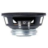 Side view of a small black speaker with an open basket, silver magnet and two spade terminals