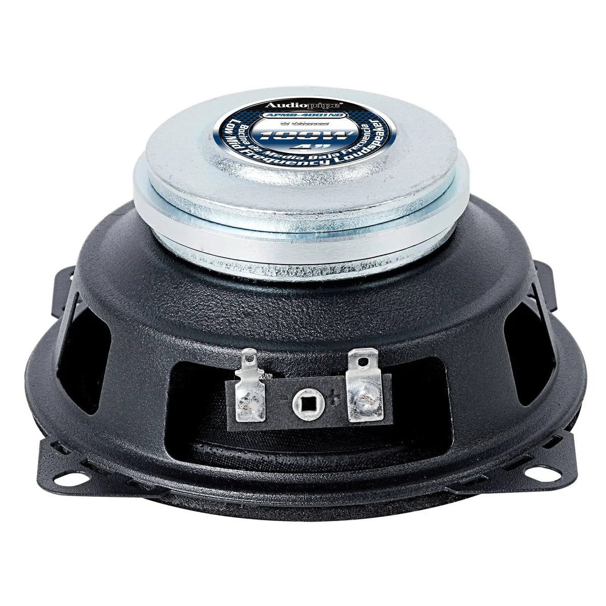 Rear angled view of an Audiopipe APMB-4001ND speaker with a 100W, 4-inch and 8-ohm label