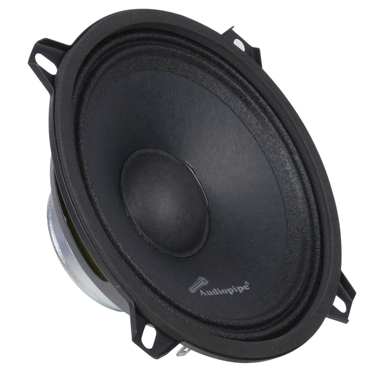 Angled black Audiopipe speaker with a domed center and four projecting mounting tabs