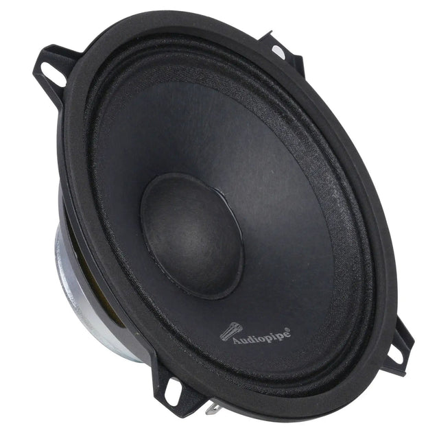 Angled black Audiopipe speaker with a domed center and four projecting mounting tabs