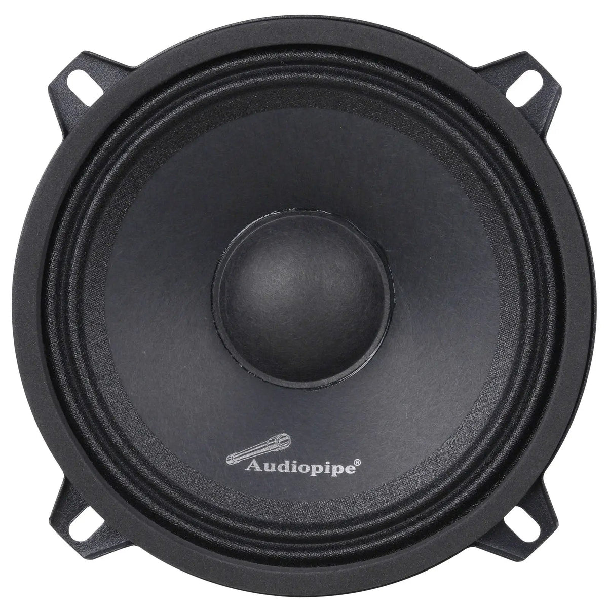 Front of a black Audiopipe speaker with a domed center and four slotted mounting tabs
