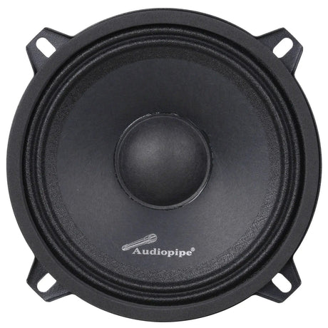 Front of a black Audiopipe speaker with a domed center and four slotted mounting tabs