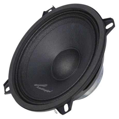 Angled front view of a black Audiopipe speaker with four slotted mounting tabs and a silver magnet