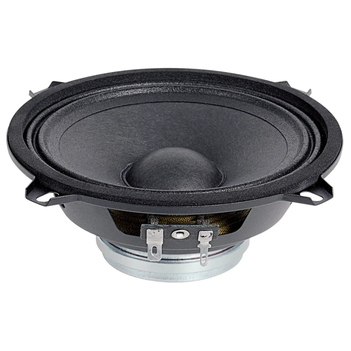 Audiopipe midrange loudspeaker angled side view showing its cone, basket, terminals and magnet