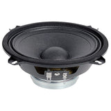 Audiopipe midrange loudspeaker angled side view showing its cone, basket, terminals and magnet