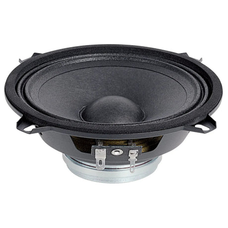 Audiopipe midrange loudspeaker angled side view showing its cone, basket, terminals and magnet