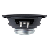 Side of compact midrange speaker showing its magnet, black basket and spade terminals