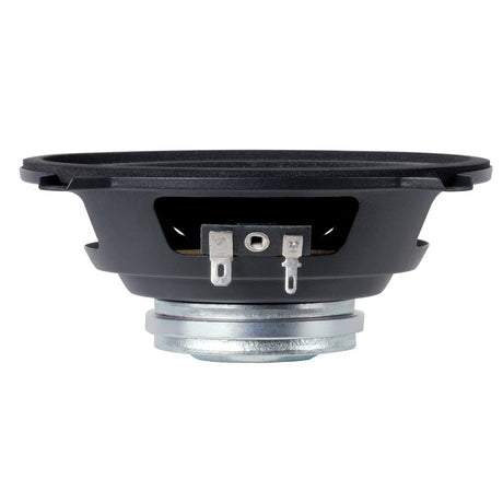 Side of compact midrange speaker showing its magnet, black basket and spade terminals