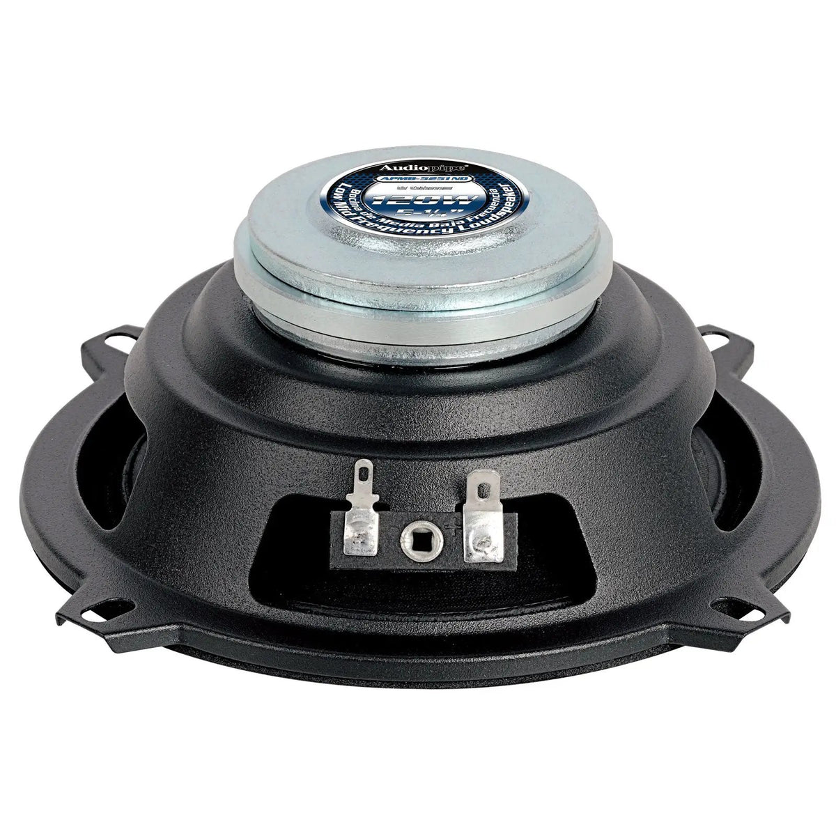 Rear angled view of an Audiopipe APMB-5251ND speaker with a 120W, 5¼-inch and 8-ohm label