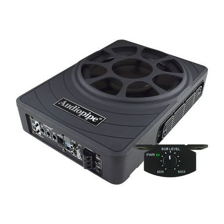 Audiopipe low-profile amplified subwoofer with a remote level control