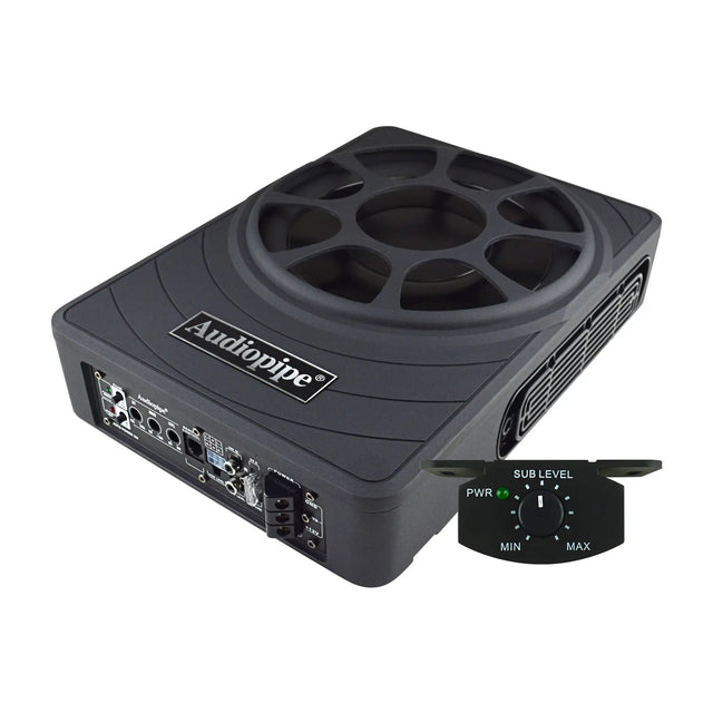 Audiopipe low-profile amplified subwoofer with a remote level control