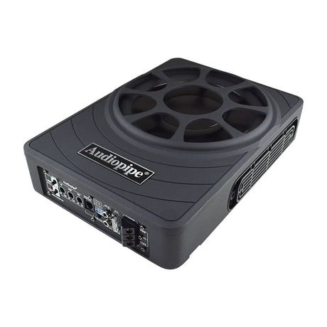 Audiopipe low-profile amplified subwoofer, angled view of the grille and connection panel
