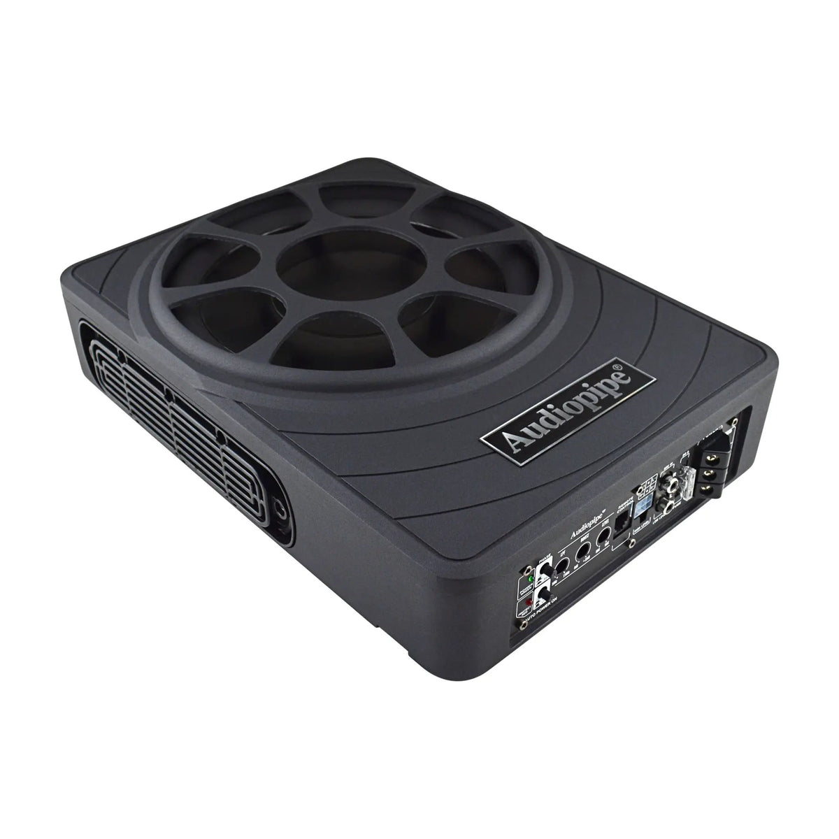 Angled view of a low-profile Audiopipe subwoofer showing its grille, side radiator and control panel