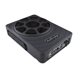 Angled view of a low-profile Audiopipe subwoofer showing its grille, side radiator and control panel
